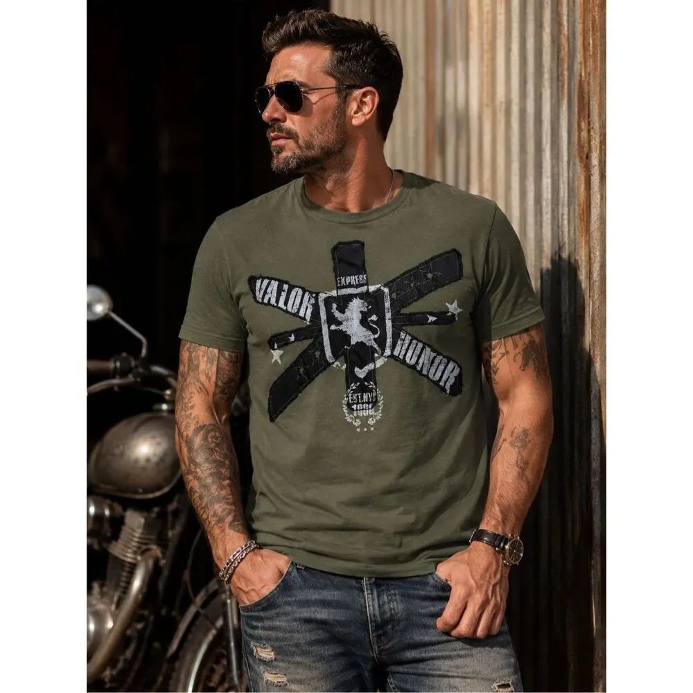 Express Olive Green Graphic Appliqué T Shirt XL Tall 100% Peruvian Cotton